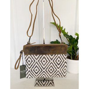 Diamond Patterned Leather and Rug Crossbody Purse
